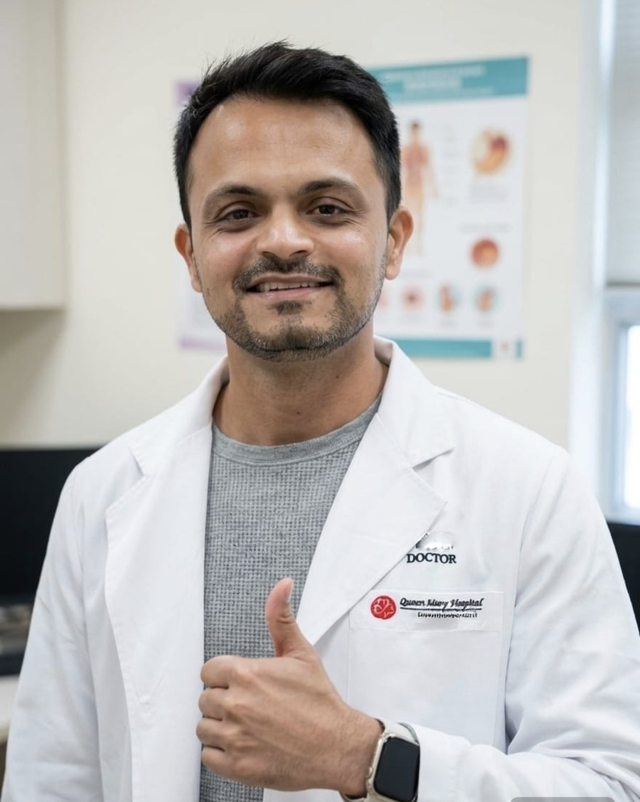 Dr. Avinash A. Kachare in a white coat at Queen Mary Hospital, Hong Kong, during his robotic joint replacement fellowship
