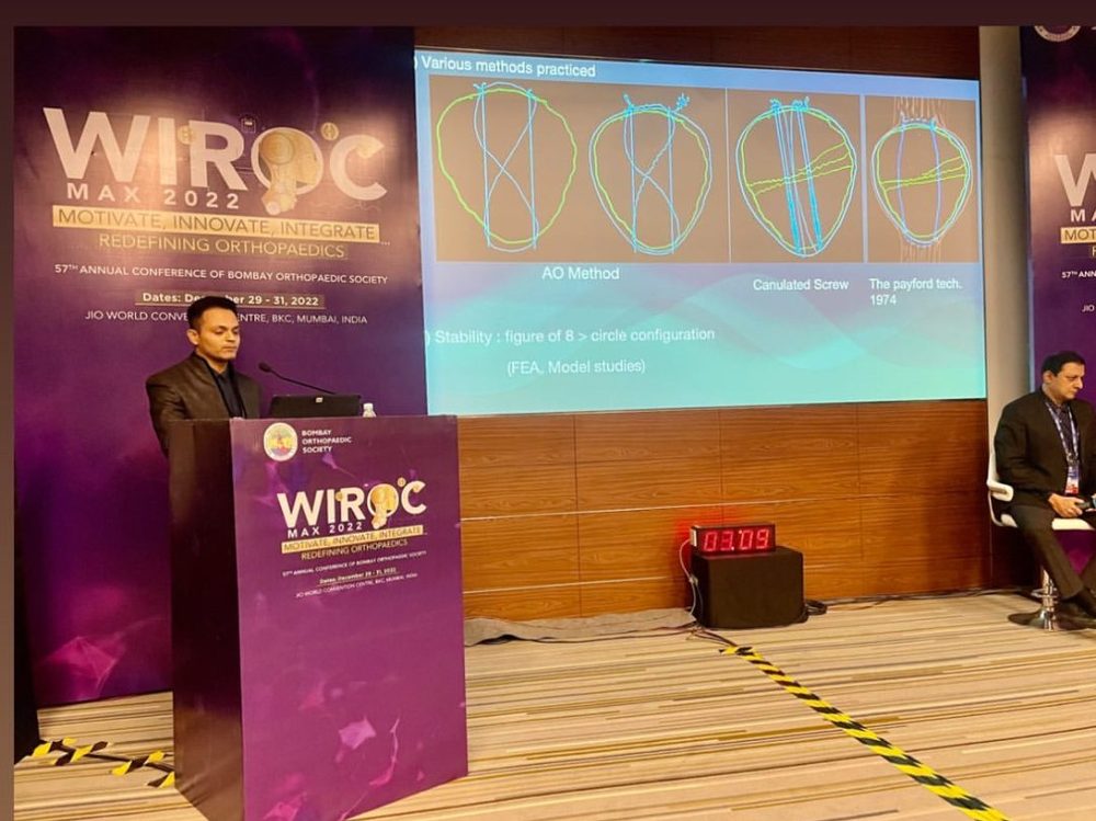Dr. Avinash Kachare presenting at WIROC MAX 2022, the 57th Annual Conference of the Bombay Orthopaedic Society, Jio World Convention Centre, Mumbai